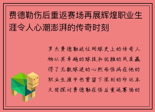 费德勒伤后重返赛场再展辉煌职业生涯令人心潮澎湃的传奇时刻