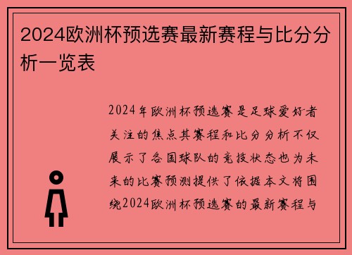 2024欧洲杯预选赛最新赛程与比分分析一览表